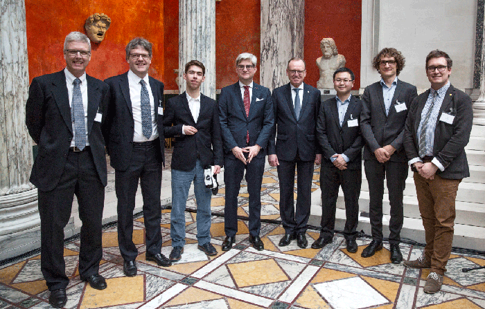 From left to right. Winners of Grand Solutions: Jørgen Arendt Jensen and Erik Vilain Thomsens; Innovator of the Year: Mads Bonde; Søren Pind, Minister for Higher Education and Scinece; Flemming Besenbacher, vice chariman at Innovation Fund Denmar; and Talents of the Year: Qi Hu, Carl Meusinger, and David Bue. Photo: Ditte Valente